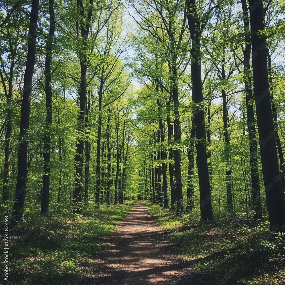 Obraz premium Sun-dappled woodland path bathed in the radiant glow of fresh springtime foliage and treetop canopy