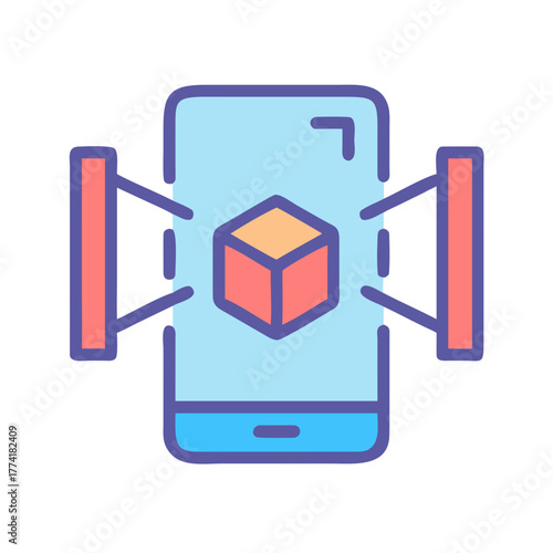 Mobile augmented reality displaying a 3D cube icon with connected interactive bars