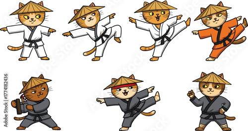 Cartoon cats practicing martial arts, whimsical animal illustration, karate and kung fu artwork, playful combat design collection, feline warrior character concept set