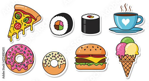 Cartoon Food Stickers: Pizza, Sushi, Burger, Donuts