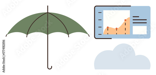 Green umbrella, analytical chart showing trends, blue cloud. Ideal for weather report, forecast, protection, analytics, prediction technology risk management. Simple flat metaphor