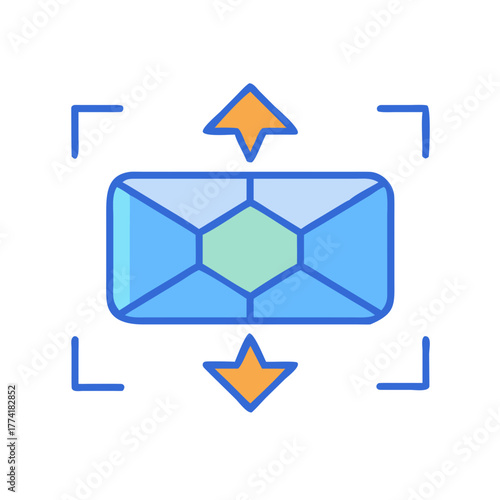 Blue email icon with expansion arrows on a dark background