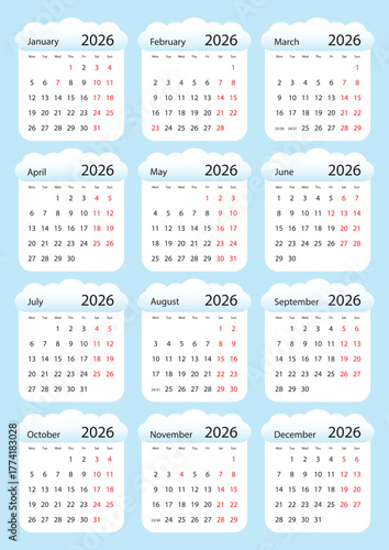 blue cloud calendar 2026 template design vector