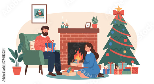 Vector Illustration of a Couple by the Christmas Tree and Fireplace