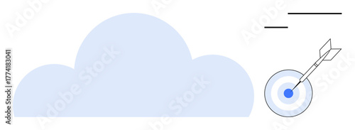 Cloud shape beside bullseye hit by arrow representing precision, success, and focus. Ideal for technology, cloud computing, strategy, goals, success accuracy marketing. Minimalist flat metaphor