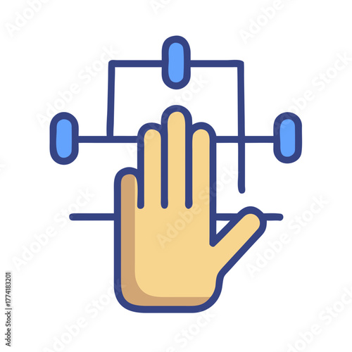 Iconic hand interacts with graphic sliders, representing settings and controls within application