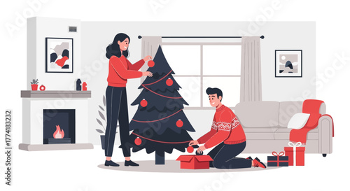 Couple Putting Ornaments on a Christmas Tree
