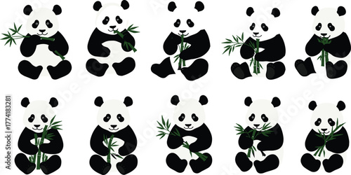Cute panda bears eating bamboo, adorable animal illustration, wildlife concept, Asian nature art, cartoon panda design, forest conservation, animal loveCute panda bears eating bamboo, adorable 