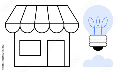Shopfront outline with a wide awning next to a glowing lightbulb and cloud graphic. Ideal for business, innovation, creativity, entrepreneurship, idea generation, retail branding, simple flat
