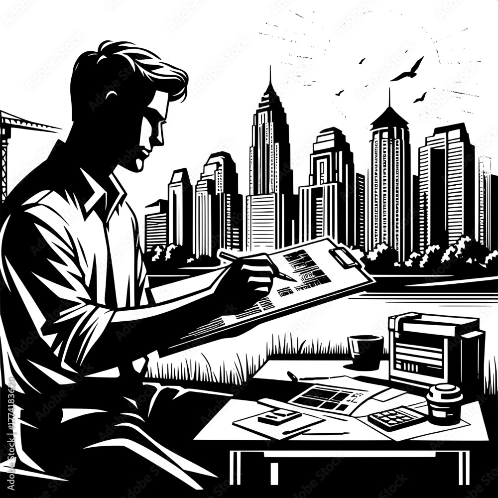 Naklejka premium Architect Sketching with Clipboard