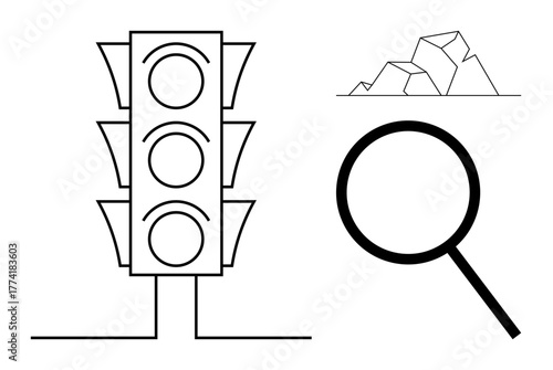 Traffic light symbolizing decisions, magnifying glass for observation, and crystals for resources. Ideal for analysis, exploration, safety, research, resource management choices focus. Simple flat