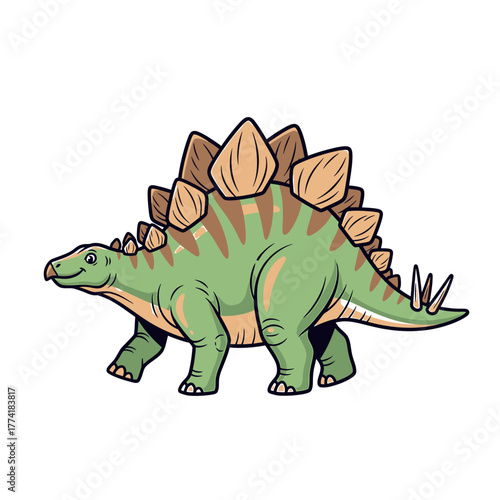 A detailed illustration of a green Stegosaurus dinosaur with brown plates on its back, walking.