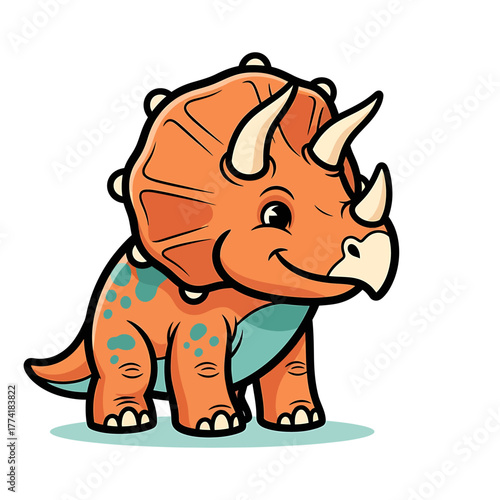 Cartoon Triceratops with orange skin and blue spots, standing on a white background.