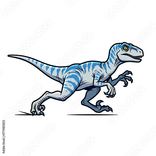 A blue velociraptor dinosaur with dark stripes running in a cartoon illustration style on a white background.