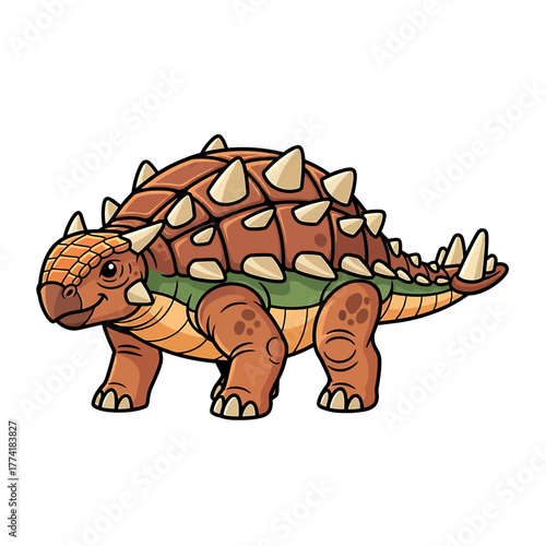 A cute cartoon illustration of an Ankylosaurus dinosaur with armored plates and spikes.
