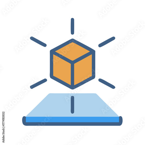 Isometric projection of cube on platform with radiating lines against a black background