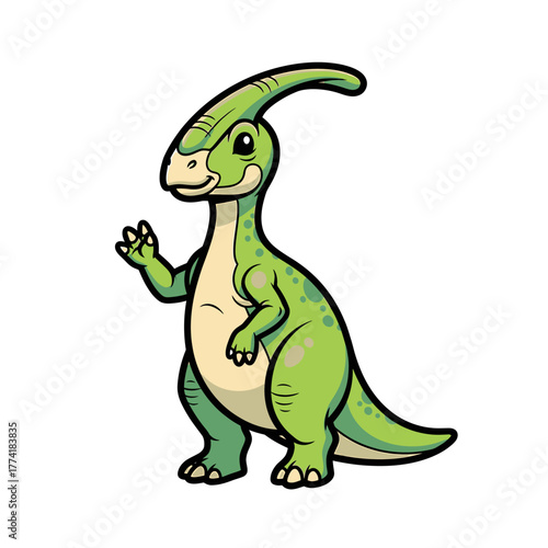 Cartoon illustration of a green Parasaurolophus dinosaur waving its hand, isolated on white background.