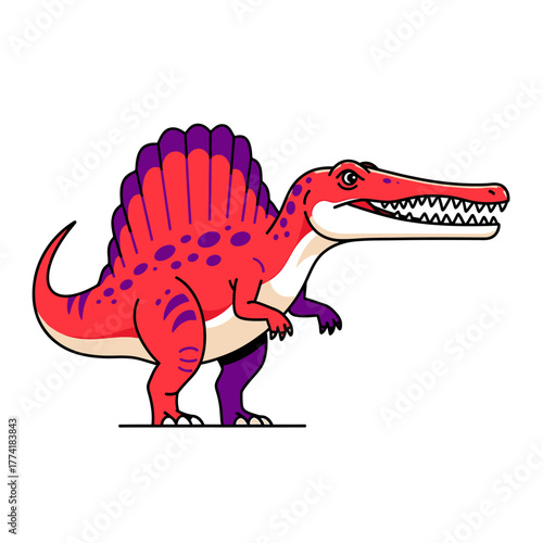 Cartoon illustration of a Spinosaurus dinosaur with red skin and a purple sail on its back.