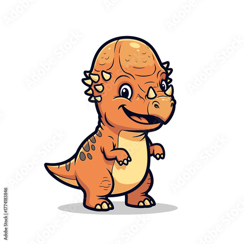 Cute orange baby Pachycephalosaurus dinosaur character smiling happily, isolated on a white background.
