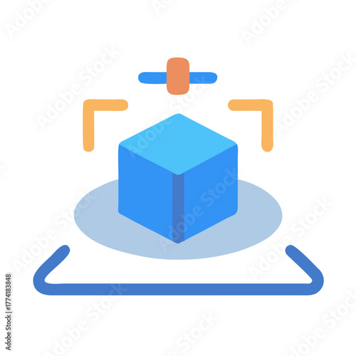 Isometric cube hovering above platform with orange controls on a black background