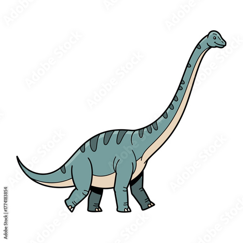 A cartoon illustration of a long-necked sauropod dinosaur, possibly a Brachiosaurus or Apatosaurus, walking with a friendly expression.