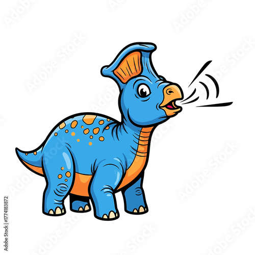 A cute cartoon blue dinosaur with orange accents and a head frill, making a sound with its mouth open, on a white background.