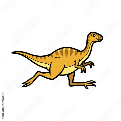 A cartoon illustration of a running dinosaur with a long tail and yellow skin.