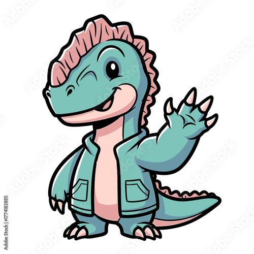 Cartoon dinosaur waving with a wink, wearing a hoodie, isolated on white background.