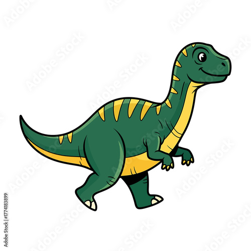 A cute cartoon illustration of a green dinosaur with yellow stripes walking.