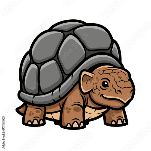 Cute cartoon tortoise with a brown body and a grey shell, smiling and looking friendly on a white background.