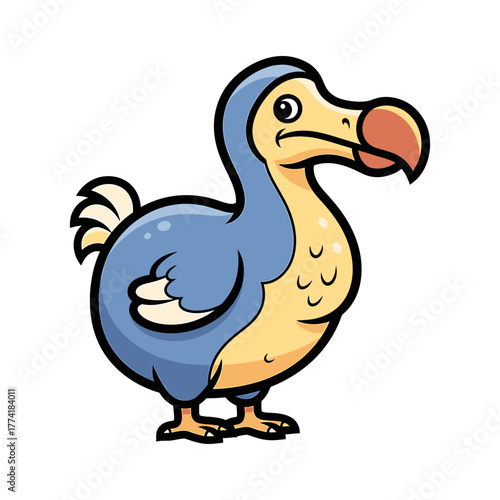 A cartoon illustration of a blue and yellow dodo bird standing on its feet.