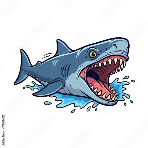 Dynamic cartoon illustration of a fierce blue shark with its mouth wide open, showing sharp teeth and splashing water.