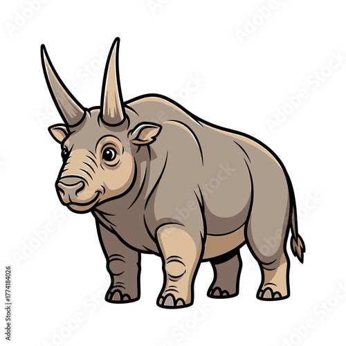 A friendly cartoon rhinoceros with two horns stands smiling, depicted in a simple, clean illustration style on a white background.