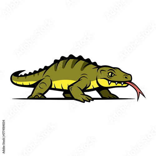 Cartoon illustration of a Komodo dragon with its tongue sticking out, walking.