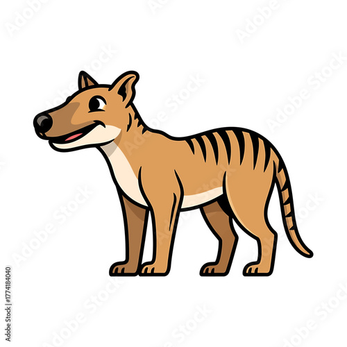 Cartoon illustration of a thylacine, also known as the Tasmanian tiger, standing and smiling.
