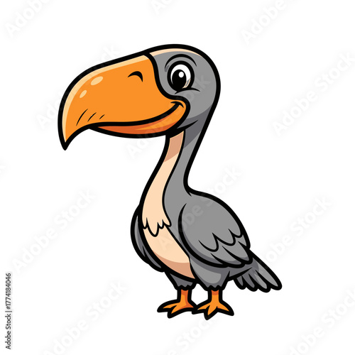 A cartoon illustration of a cute, grey bird with a large, orange beak and a curved neck, standing on two orange legs.