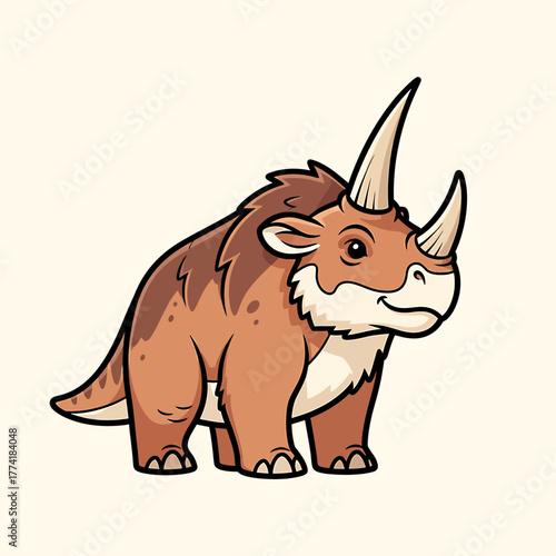 A cute cartoon illustration of a friendly brown horned dinosaur standing on a plain background.
