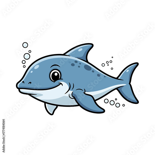 Cute friendly blue cartoon shark swimming with bubbles in the water.