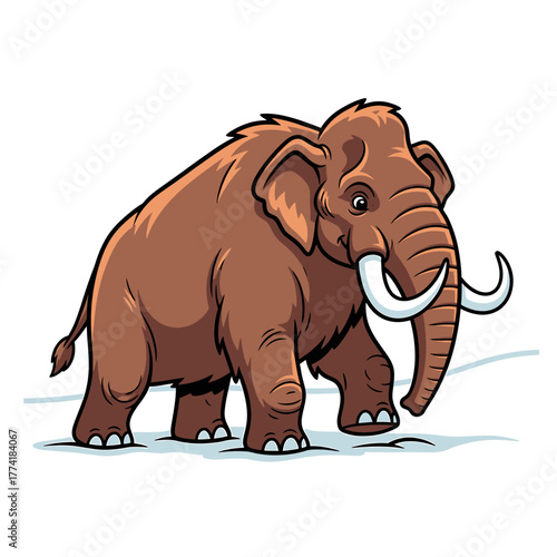 A cartoon illustration of a woolly mammoth with tusks walking in a snowy environment.