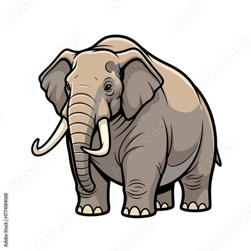 Cartoon illustration of a large elephant with tusks and big ears, standing on a white background.