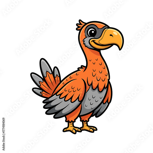 A cute cartoon illustration of a cartoon dodo bird with orange and gray feathers, standing on a white background.