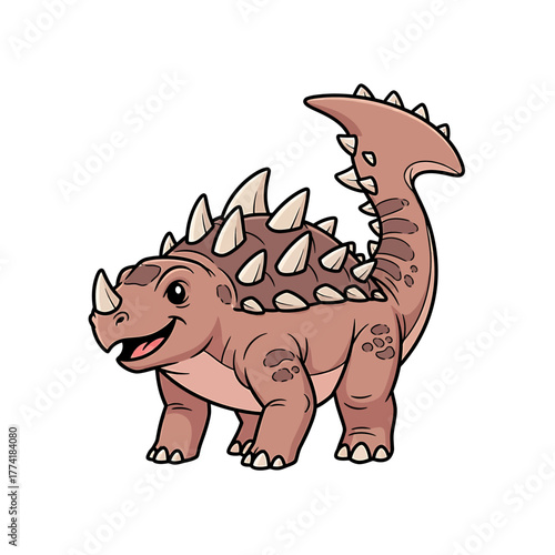 A cute cartoon illustration of a brown Ankylosaurus dinosaur with spikes and a club tail.