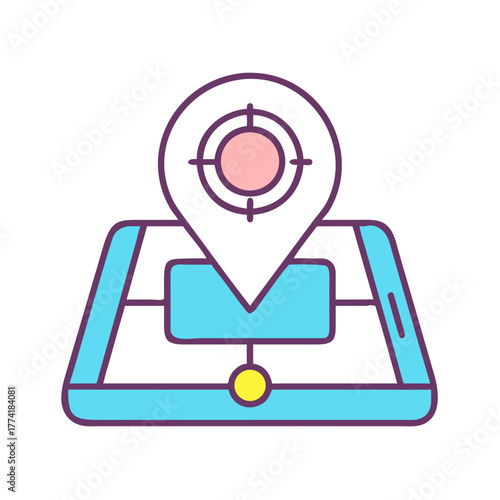 Vibrant navigation app graphic showing location marker and digital map interface