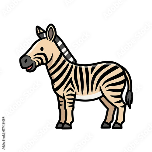 A cute cartoon illustration of a zebra with black and white stripes standing on a white background.