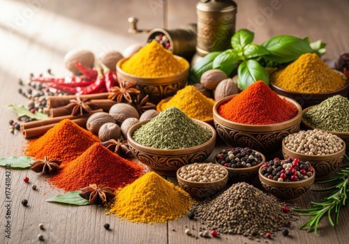 Fototapeta Naklejka Na Ścianę i Meble -  Exotic spice arrangement featuring a variety of culinary seasonings and herbs