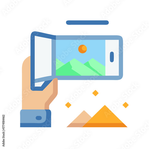 Modern smartphone displaying a landscape photo held in a hand over pyramids