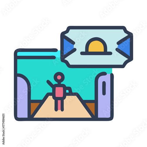 Flat vector illustration of a person on stage with a ticket overlay
