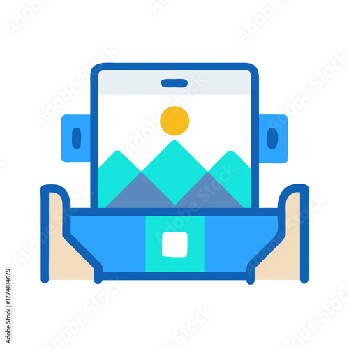 Smartphone with scenic mountain background being held by two hands flat illustration