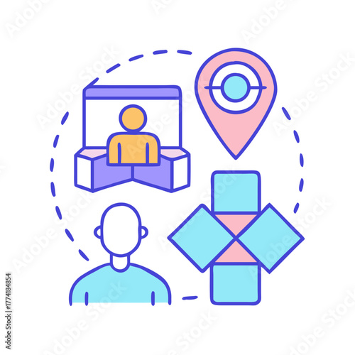Simplified illustration showcasing online marketing, location-based services and sales representation on black background