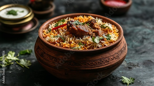 Dum handi mutton biryani cooked in traditional clay pot, indian gosht pilaf with aromatic spices, popular non-vegetarian cuisine